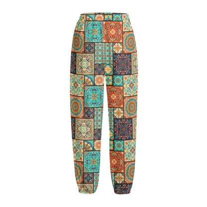 Vintage Floral Patchwork Pattern Print Fleece Lined Knit Pants