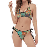 Vintage Floral Patchwork Pattern Print Halter Scoop Tie Side Bikini