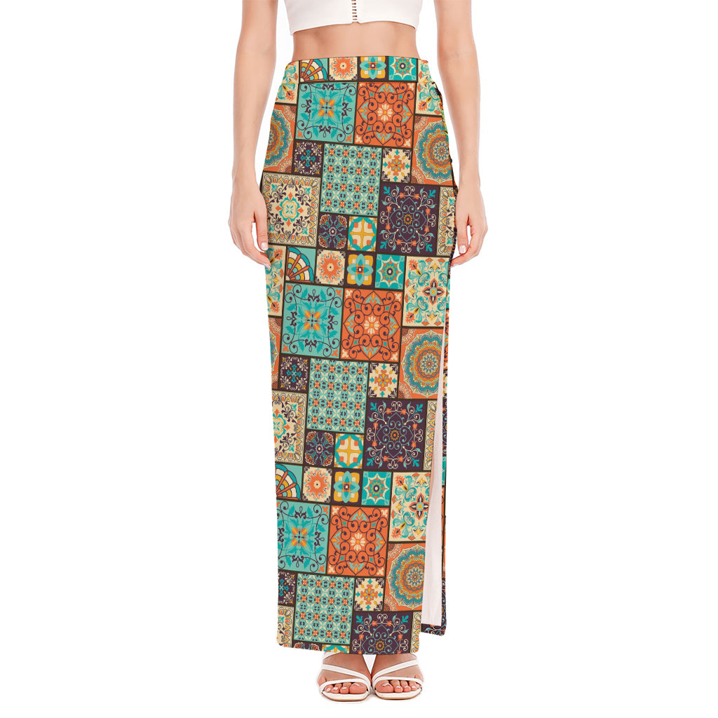Vintage Floral Patchwork Pattern Print High Slit Maxi Skirt