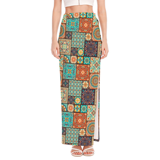 Vintage Floral Patchwork Pattern Print High Slit Maxi Skirt