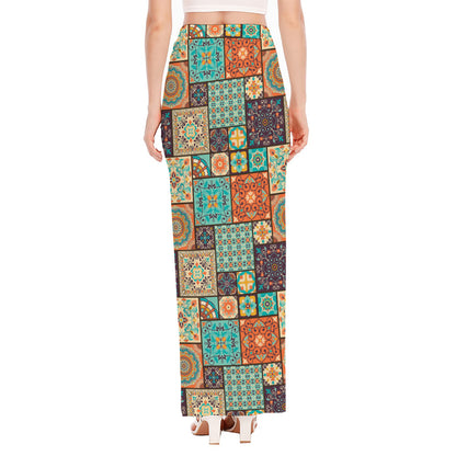 Vintage Floral Patchwork Pattern Print High Slit Maxi Skirt