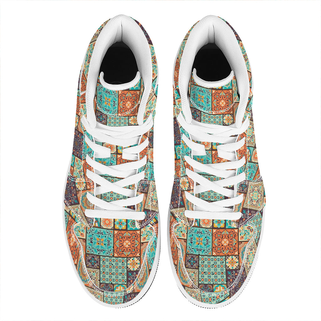 Vintage Floral Patchwork Pattern Print High Top Leather Sneakers