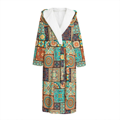 Vintage Floral Patchwork Pattern Print Hooded Bathrobe