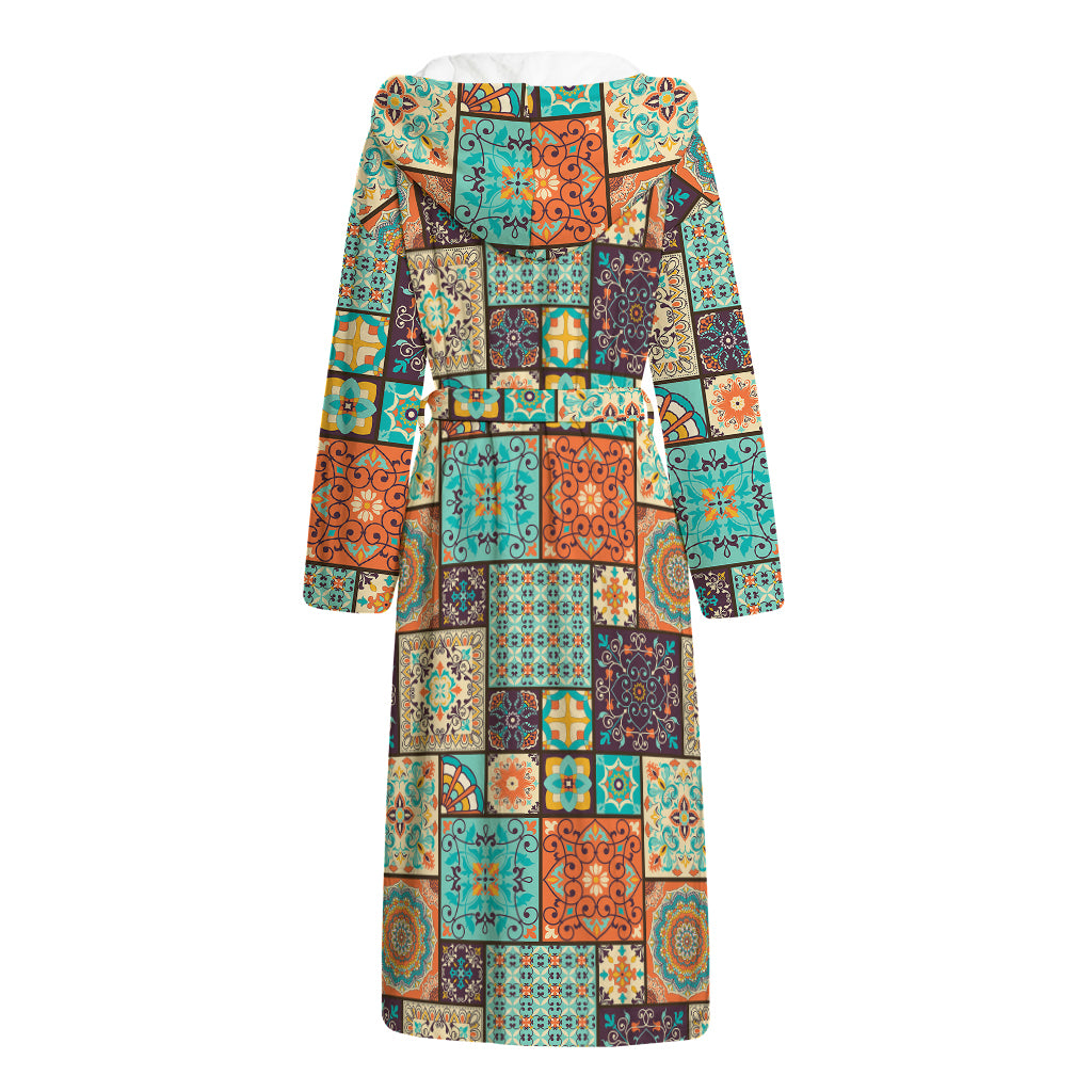 Vintage Floral Patchwork Pattern Print Hooded Bathrobe