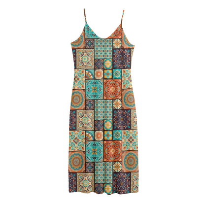Vintage Floral Patchwork Pattern Print Jersey Midi Cami Dress
