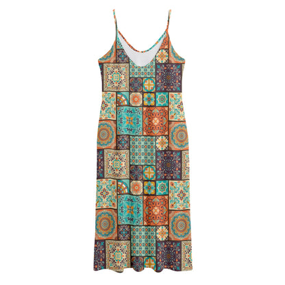 Vintage Floral Patchwork Pattern Print Jersey Midi Cami Dress