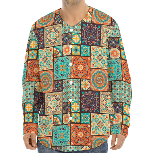 Vintage Floral Patchwork Pattern Print Long Sleeve Baseball Jersey