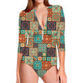 Vintage Floral Patchwork Pattern Print Long Sleeve Swimsuit