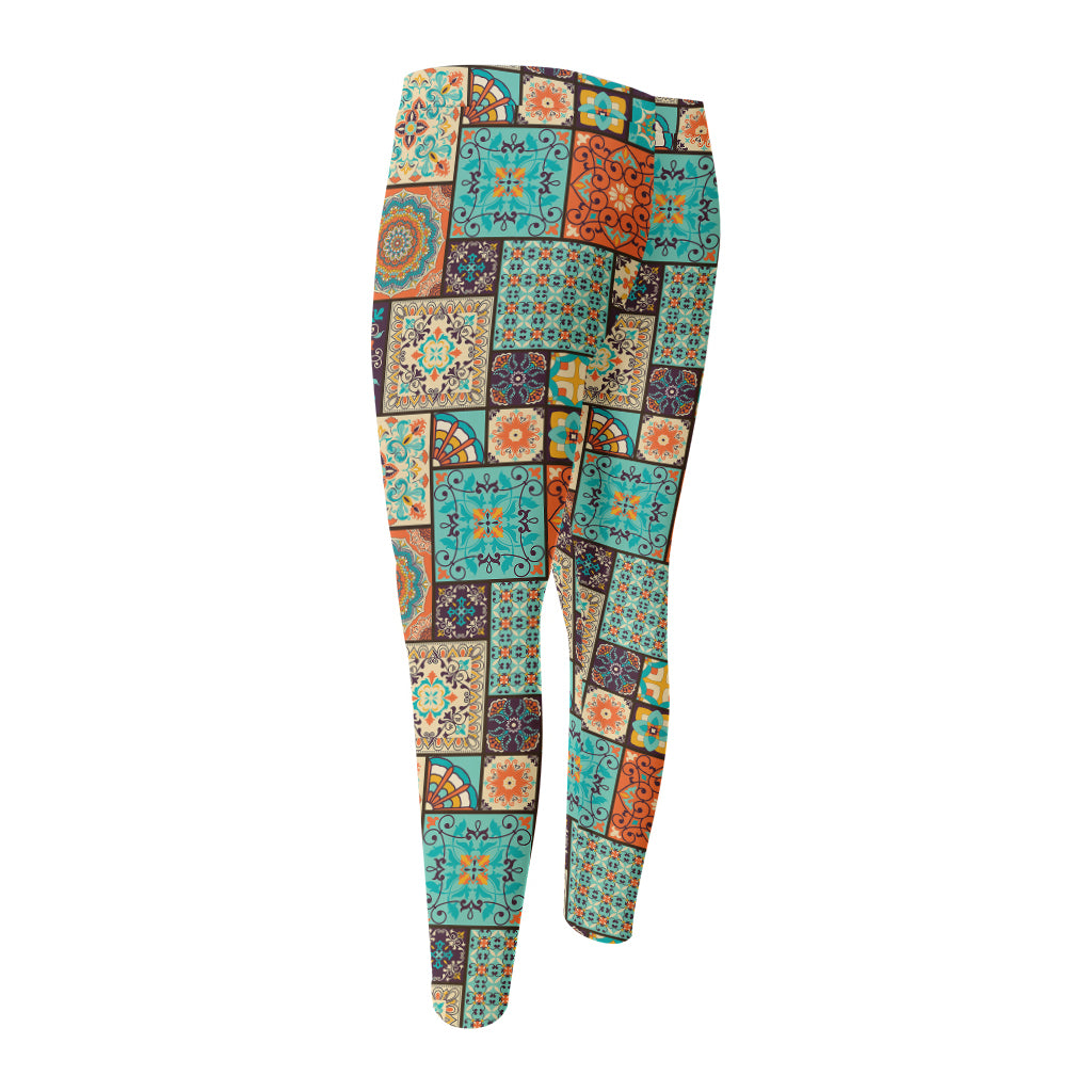 Vintage Floral Patchwork Pattern Print Men's Compression Pants