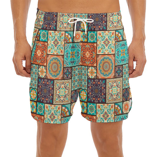 Vintage Floral Patchwork Pattern Print Men's Split Running Shorts