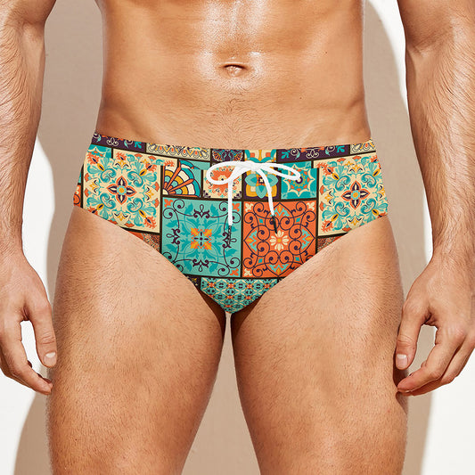Vintage Floral Patchwork Pattern Print Men's Swim Briefs