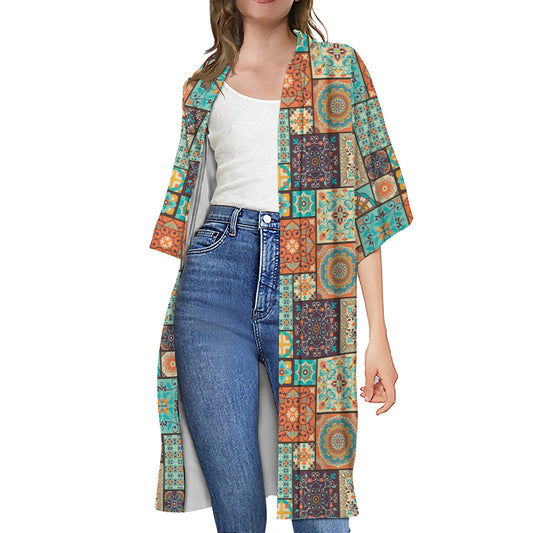 Vintage Floral Patchwork Pattern Print Open Front Beach Cover Up