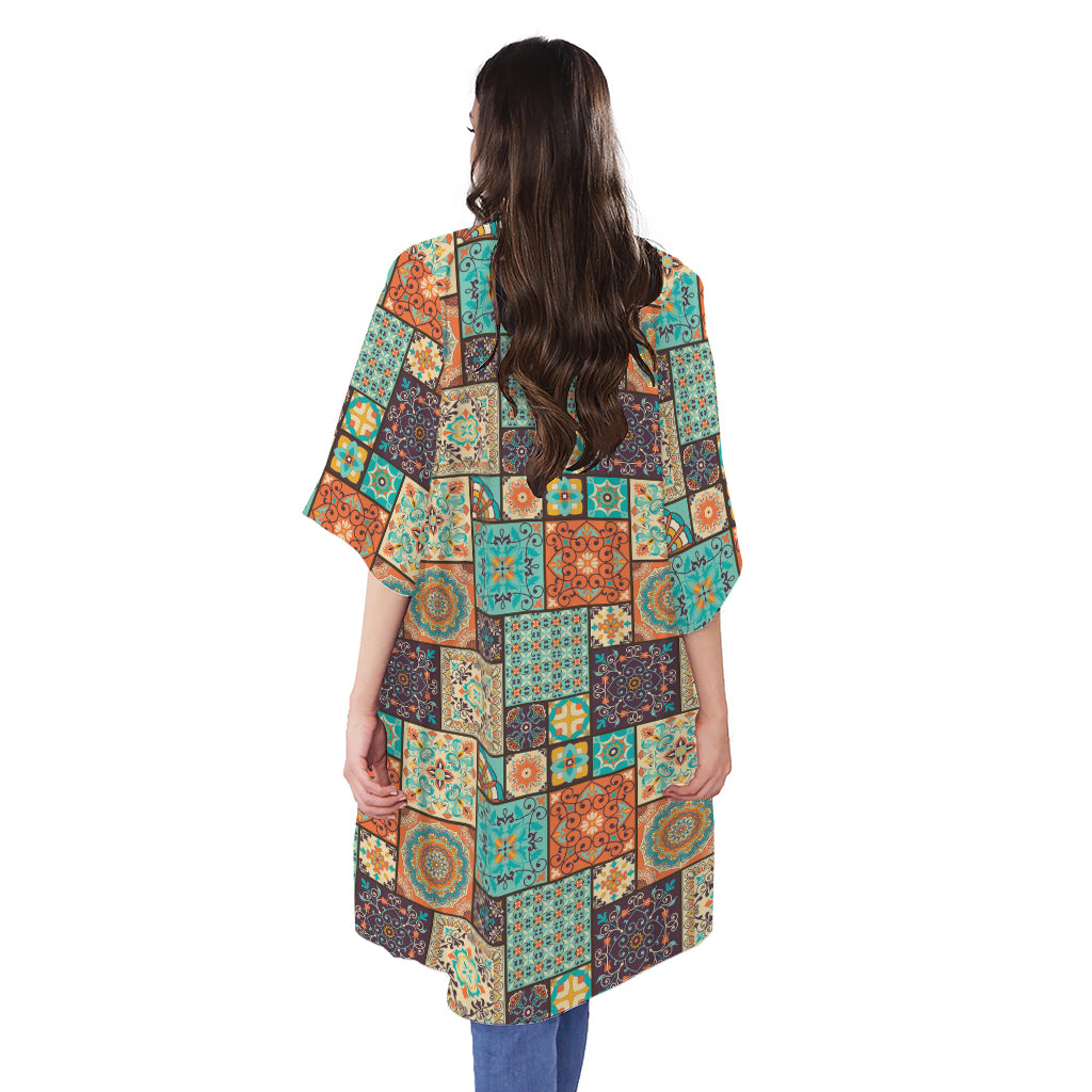 Vintage Floral Patchwork Pattern Print Open Front Beach Cover Up