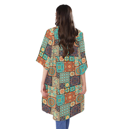 Vintage Floral Patchwork Pattern Print Open Front Beach Cover Up