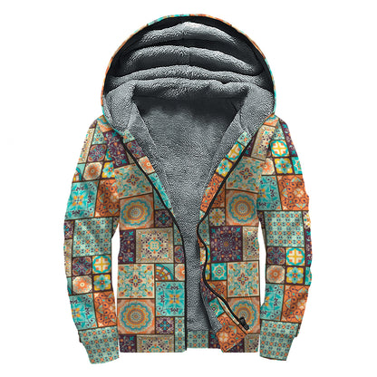 Vintage Floral Patchwork Pattern Print Sherpa Lined Zip Up Hoodie