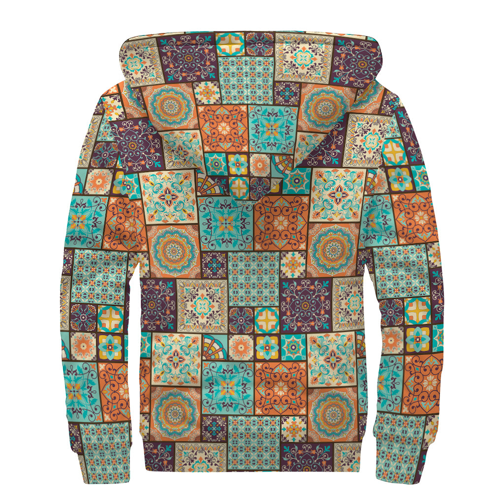 Vintage Floral Patchwork Pattern Print Sherpa Lined Zip Up Hoodie