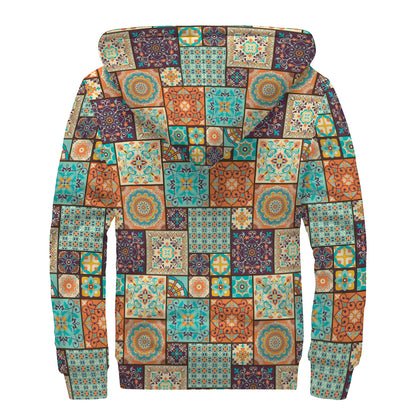 Vintage Floral Patchwork Pattern Print Sherpa Lined Zip Up Hoodie