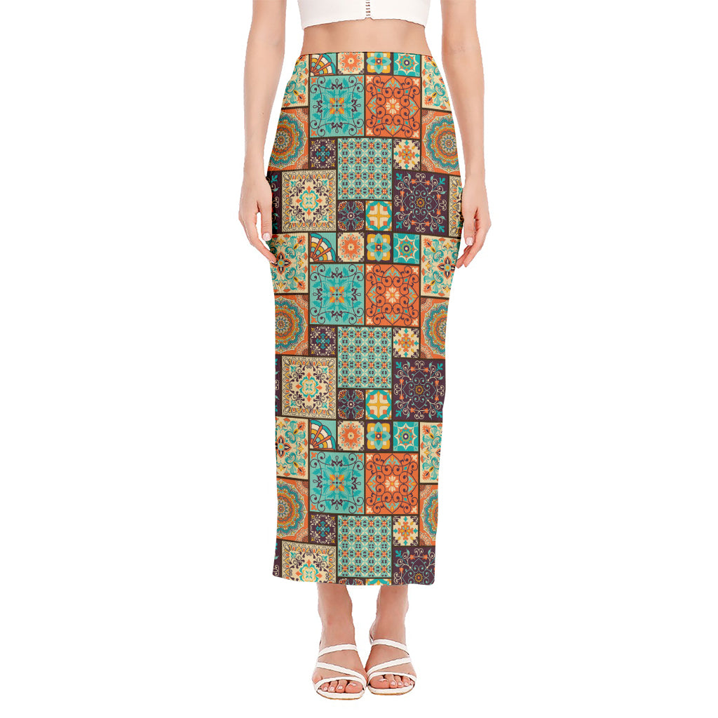 Vintage Floral Patchwork Pattern Print Side Slit Maxi Skirt