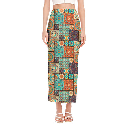 Vintage Floral Patchwork Pattern Print Side Slit Maxi Skirt