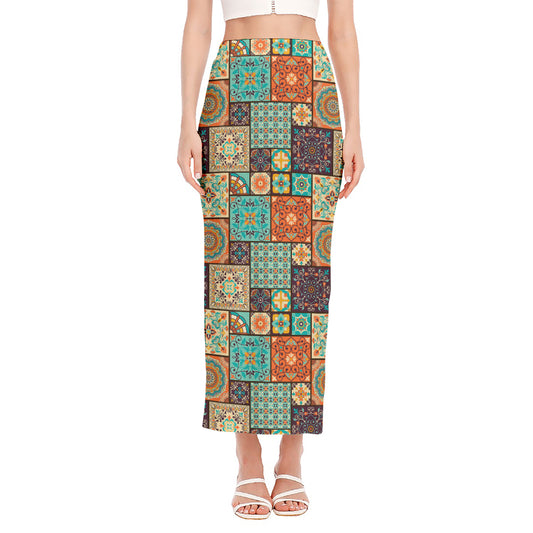 Vintage Floral Patchwork Pattern Print Side Slit Maxi Skirt