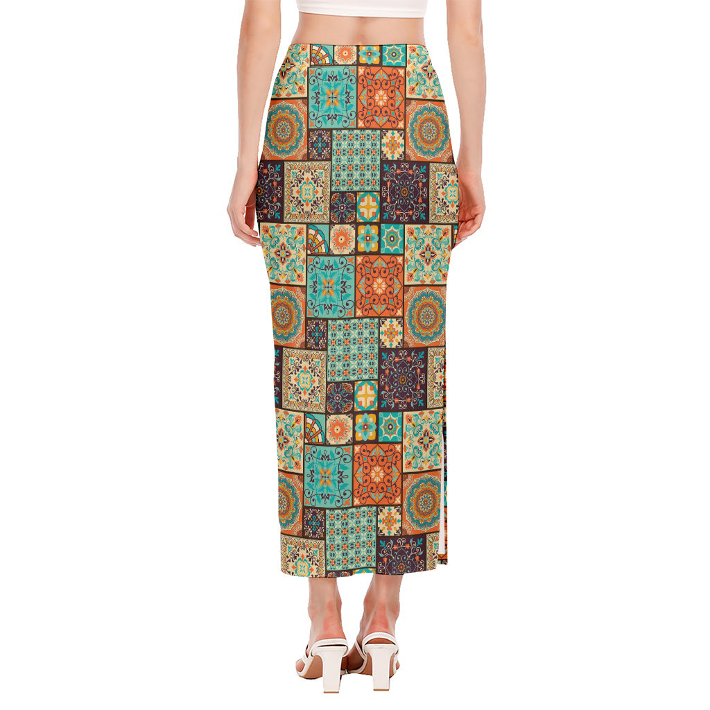 Vintage Floral Patchwork Pattern Print Side Slit Maxi Skirt