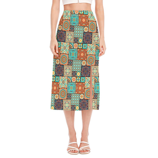 Vintage Floral Patchwork Pattern Print Side Slit Midi Skirt