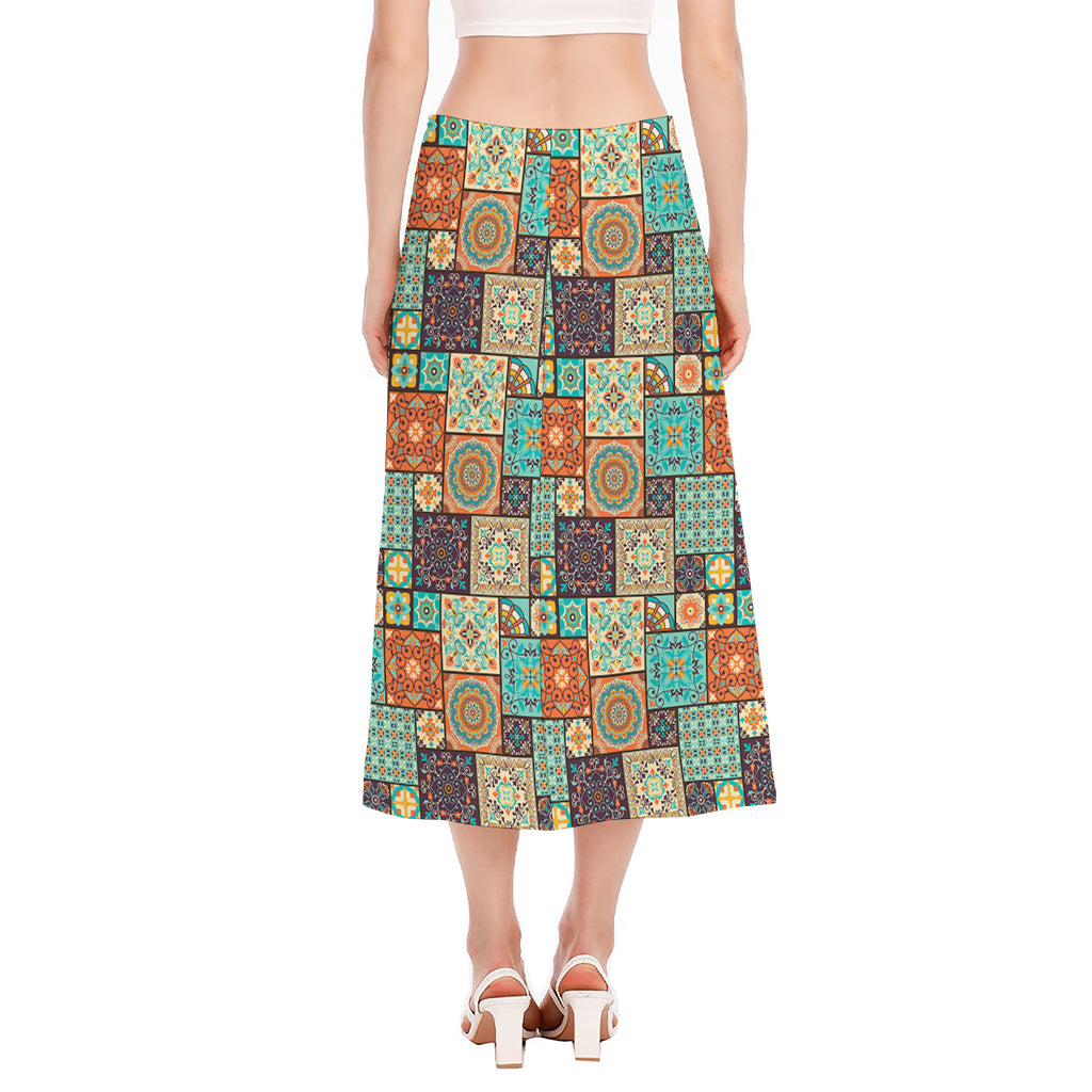 Vintage Floral Patchwork Pattern Print Side Slit Midi Skirt