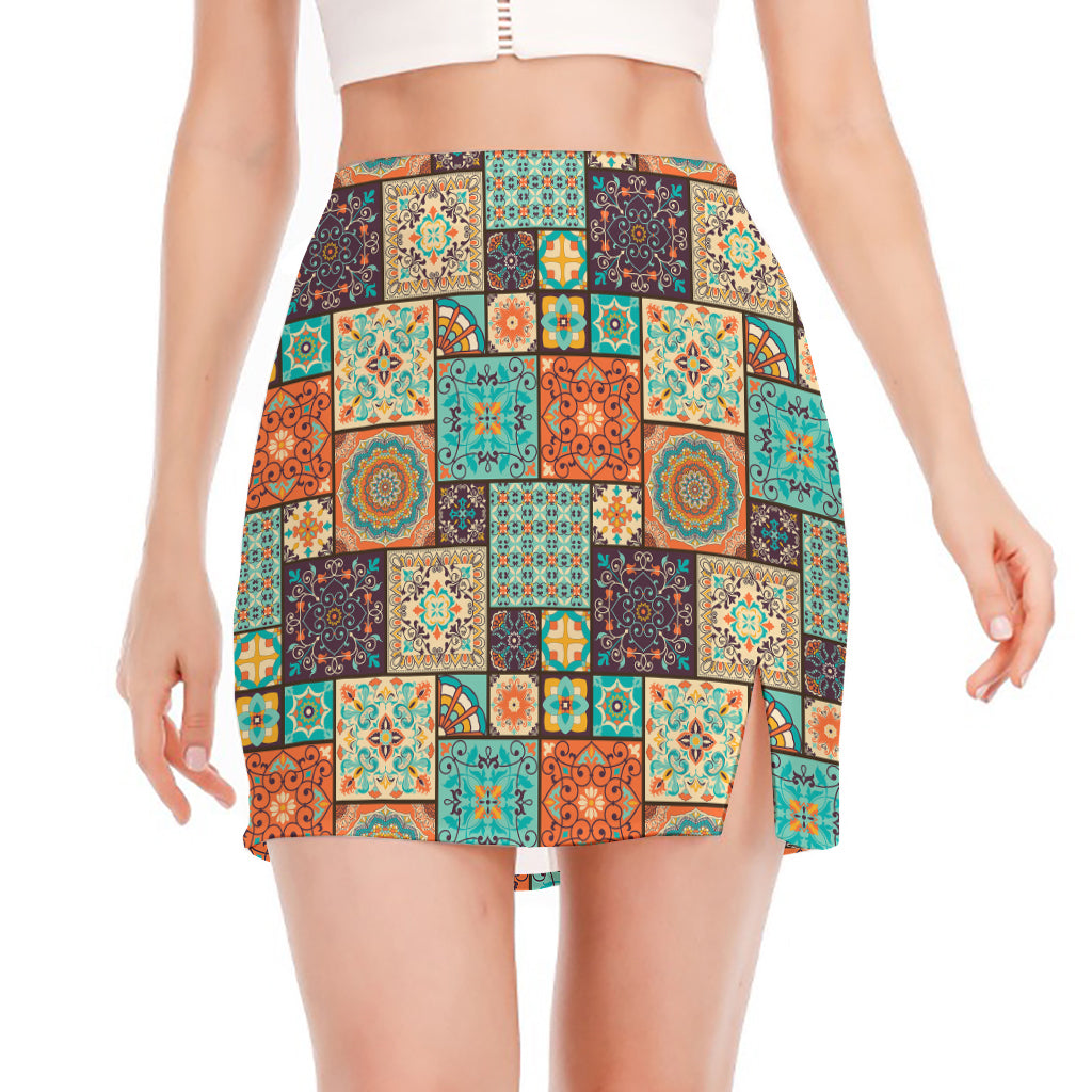 Vintage Floral Patchwork Pattern Print Side Slit Mini Skirt