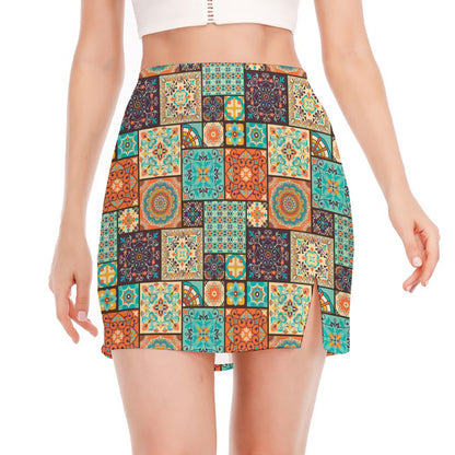 Vintage Floral Patchwork Pattern Print Side Slit Mini Skirt