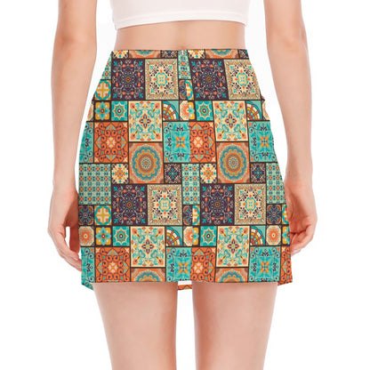 Vintage Floral Patchwork Pattern Print Side Slit Mini Skirt
