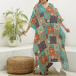 Vintage Floral Patchwork Pattern Print Silk V-Neck Kaftan Dress