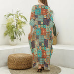 Vintage Floral Patchwork Pattern Print Silk V-Neck Kaftan Dress