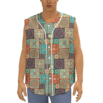 Vintage Floral Patchwork Pattern Print Sleeveless Baseball Jersey