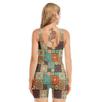 Vintage Floral Patchwork Pattern Print Sleeveless One Piece Swimsuit