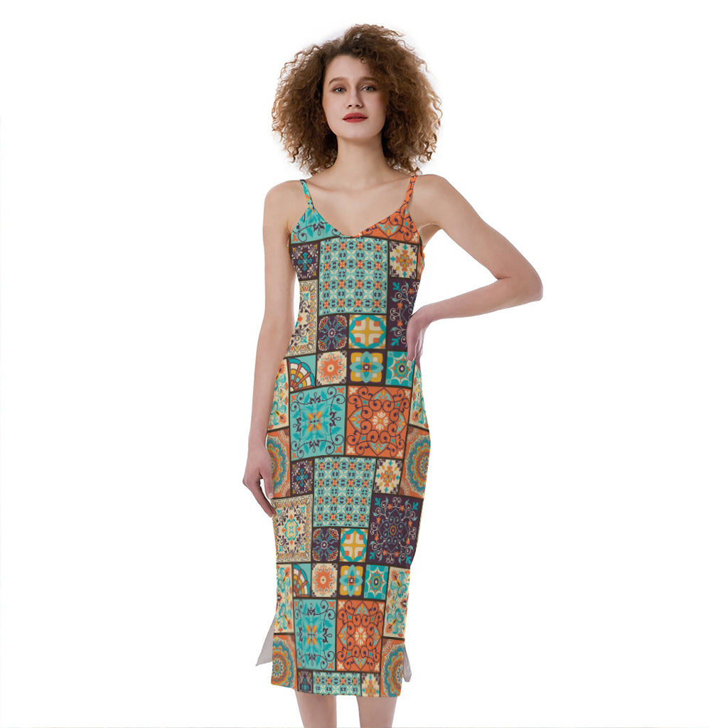 Vintage Floral Patchwork Pattern Print Slim Fit Midi Cami Dress