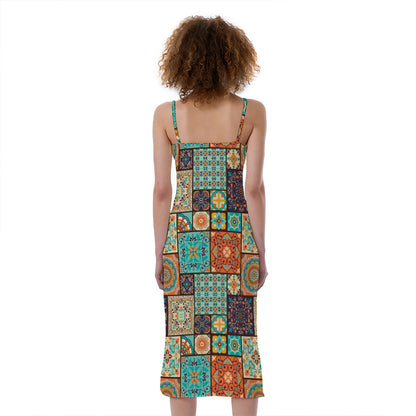 Vintage Floral Patchwork Pattern Print Slim Fit Midi Cami Dress