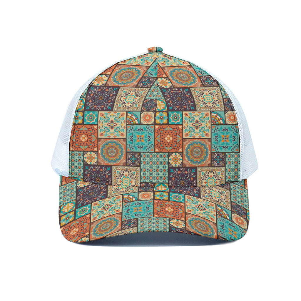 Vintage Floral Patchwork Pattern Print White Mesh Trucker Cap