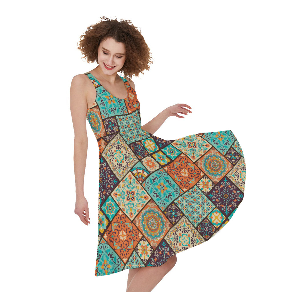 Vintage Floral Patchwork Pattern Print Women's Sleeveless Dress