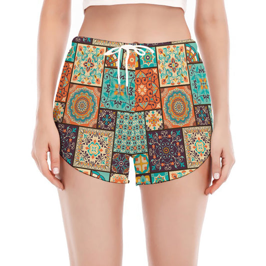 Vintage Floral Patchwork Pattern Print Women's Split Running Shorts