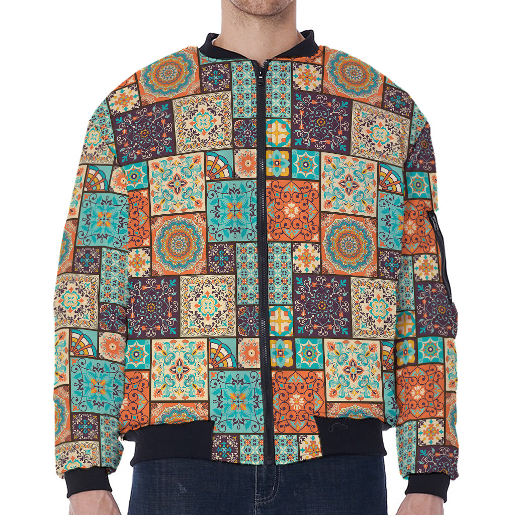 Vintage Floral Patchwork Pattern Print Zip Sleeve Bomber Jacket