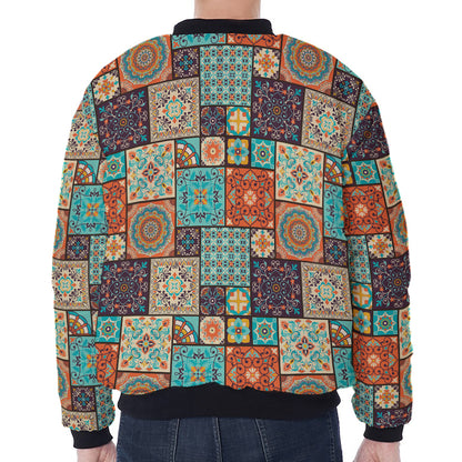 Vintage Floral Patchwork Pattern Print Zip Sleeve Bomber Jacket