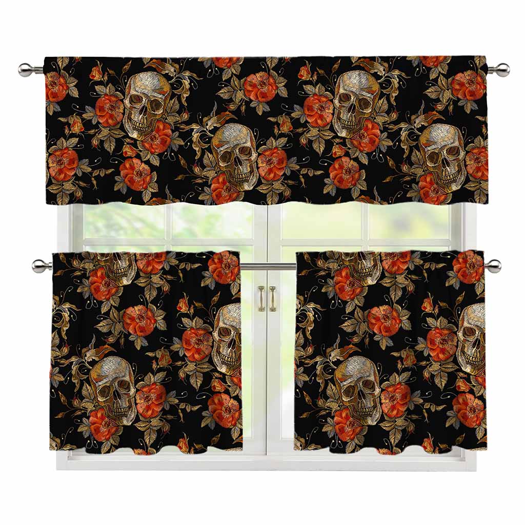 Vintage Floral Skull Pattern Print 3 Piece Kitchen Curtains