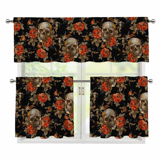 Vintage Floral Skull Pattern Print 3 Piece Kitchen Curtains