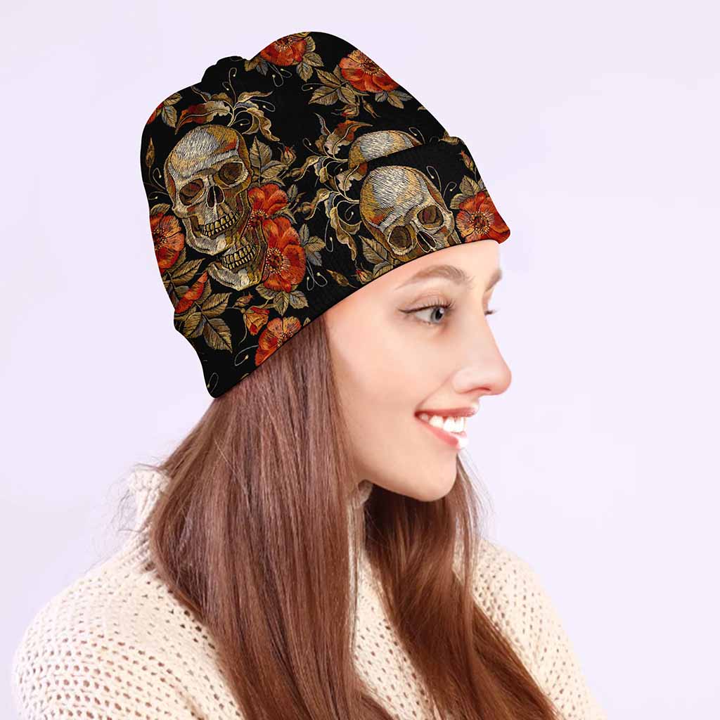 Vintage Floral Skull Pattern Print Beanie