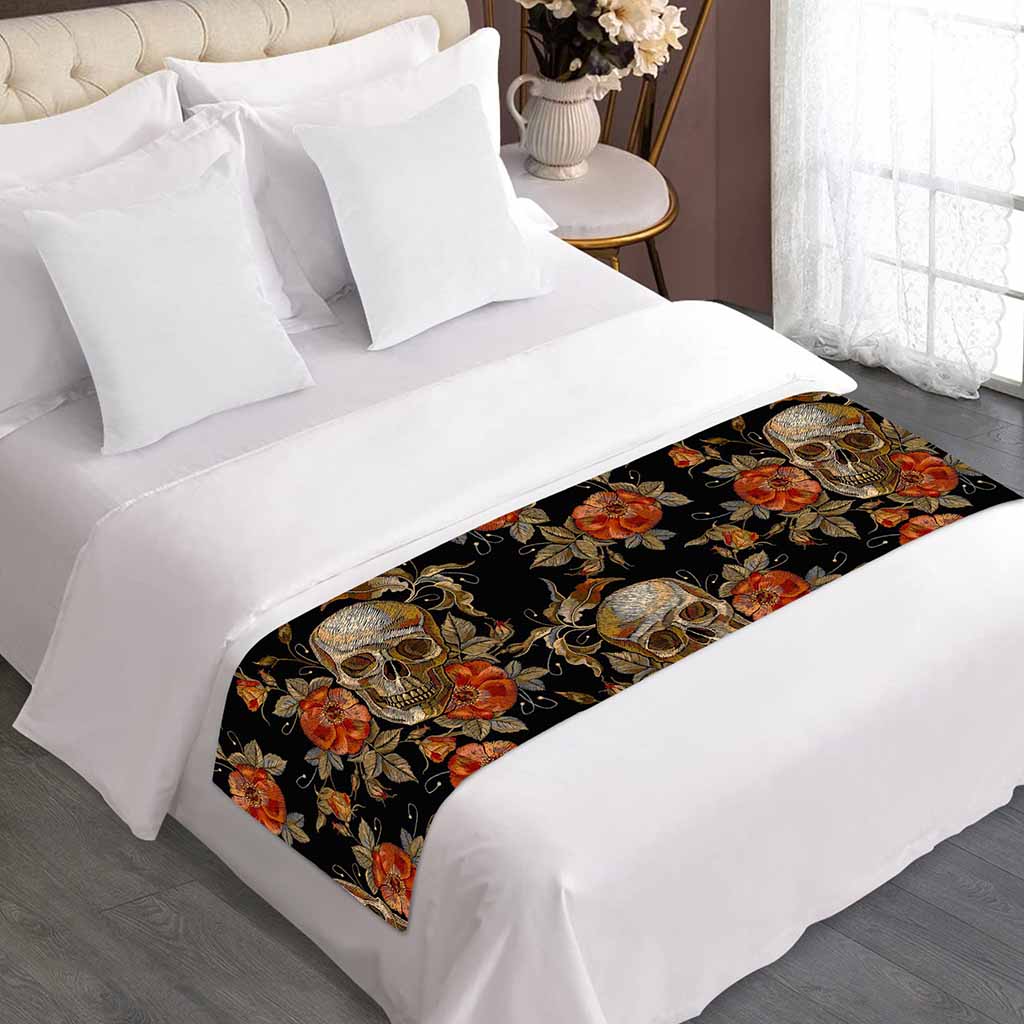 Vintage Floral Skull Pattern Print Bed Runner