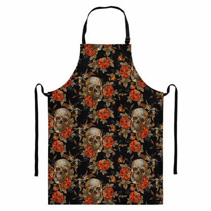 Vintage Floral Skull Pattern Print Bib Apron With Pocket