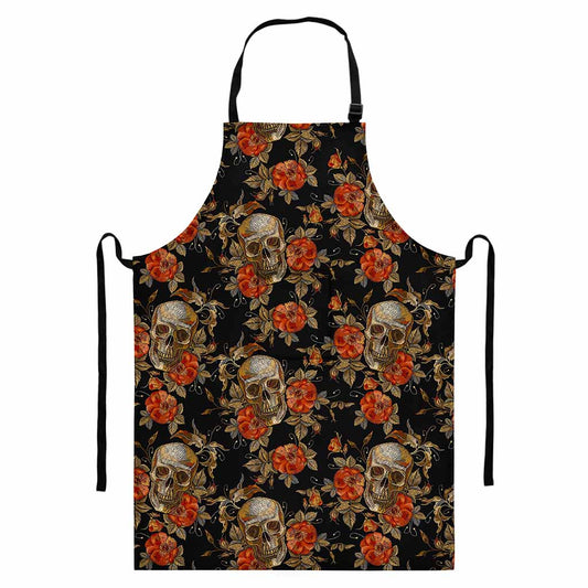 Vintage Floral Skull Pattern Print Bib Apron With Pocket