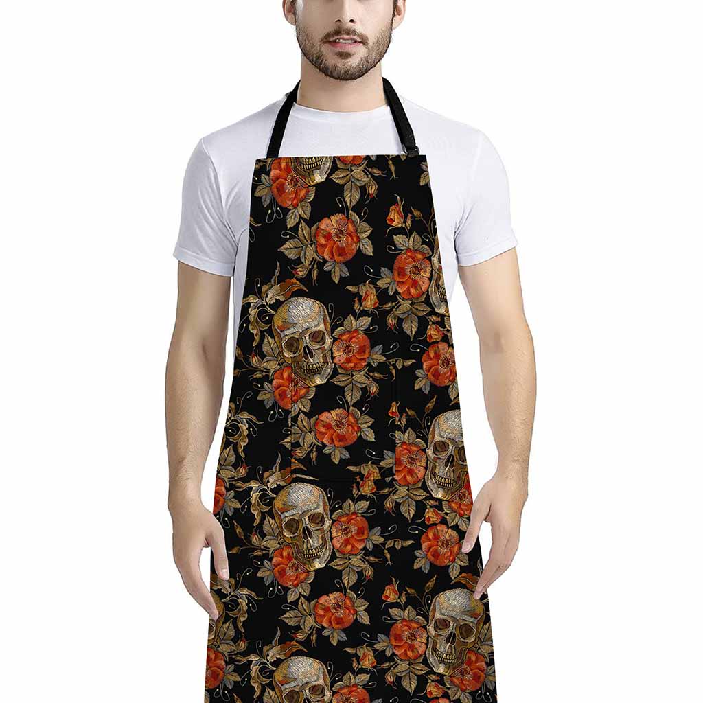 Vintage Floral Skull Pattern Print Bib Apron With Pocket