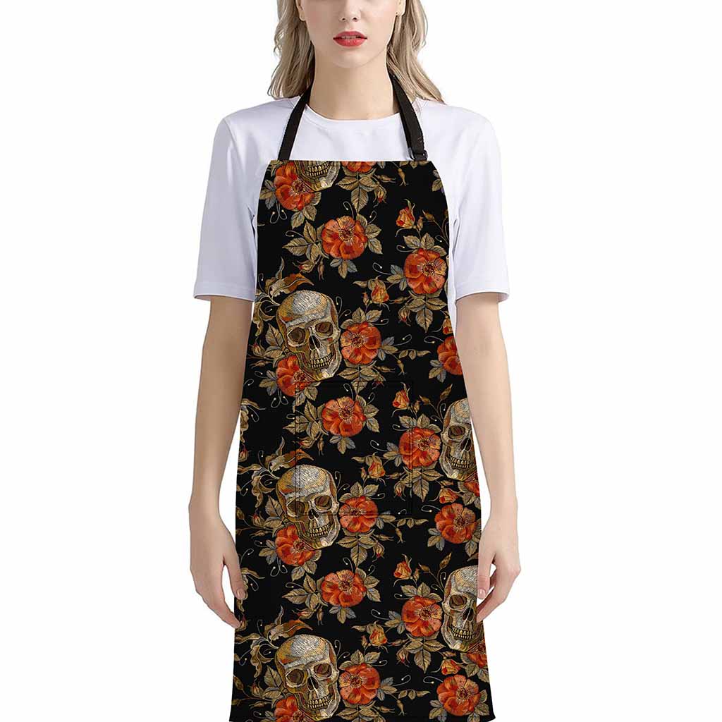 Vintage Floral Skull Pattern Print Bib Apron With Pocket