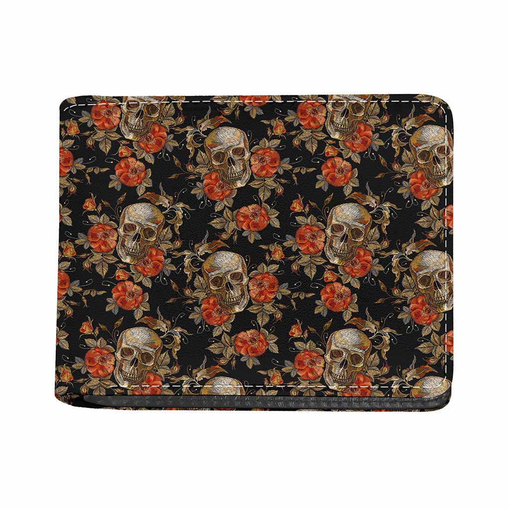 Vintage Floral Skull Pattern Print Bifold Wallet